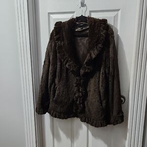 Mob Wife Faux Fur Brown Coat Jacket Damselle New York Size Large Ruffled